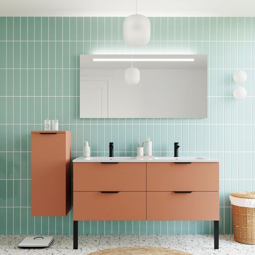 Meuble De Salle De Bain Double Vasque 140cm 4 Tiroirs Terracotta + Miroir - Soho