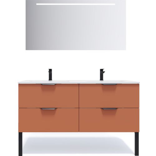 Meuble De Salle De Bain Double Vasque 140cm 4 Tiroirs Terracotta + Miroir - Soho