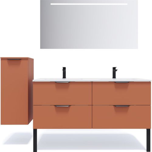 Meuble De Salle De Bain Double Vasque 140cm 4 Tiroirs Terracotta + Miroir - Soho