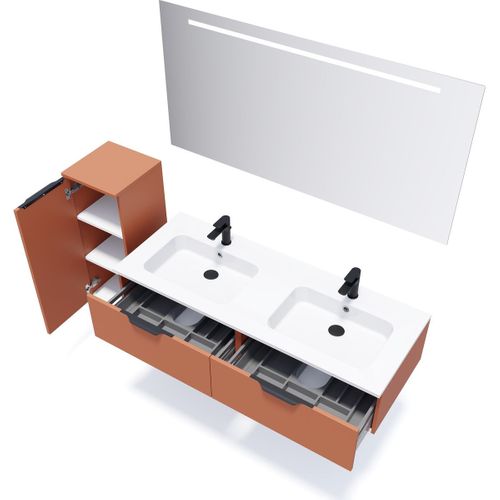 Ensemble Salle De Bain Double Vasque 140cm 2 Tiroirs Terracotta + Miroir + Colonne Gauche - Soho