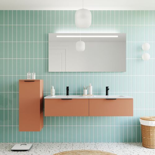 Ensemble Salle De Bain Double Vasque 140cm 2 Tiroirs Terracotta + Miroir + Colonne Gauche - Soho