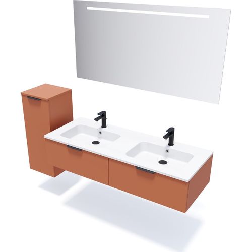 Ensemble Salle De Bain Double Vasque 140cm 2 Tiroirs Terracotta + Miroir + Colonne Gauche - Soho