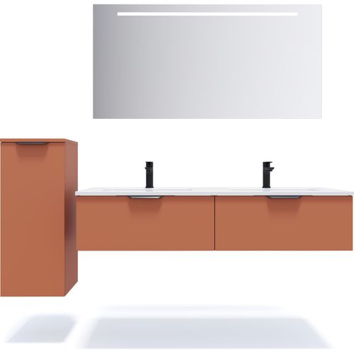 Ensemble Salle De Bain Double Vasque 140cm 2 Tiroirs Terracotta + Miroir + Colonne Gauche - Soho