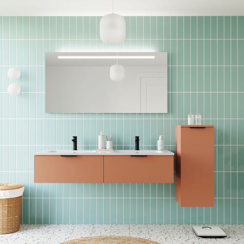 Ensemble Salle De Bain Double Vasque 140cm 2 Tiroirs Terracotta + Miroir + Colonne Droite - Soho
