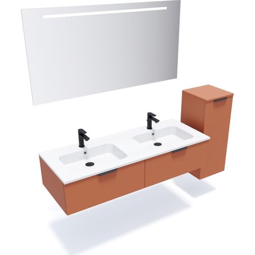 Ensemble Salle De Bain Double Vasque 140cm 2 Tiroirs Terracotta + Miroir + Colonne Droite - Soho
