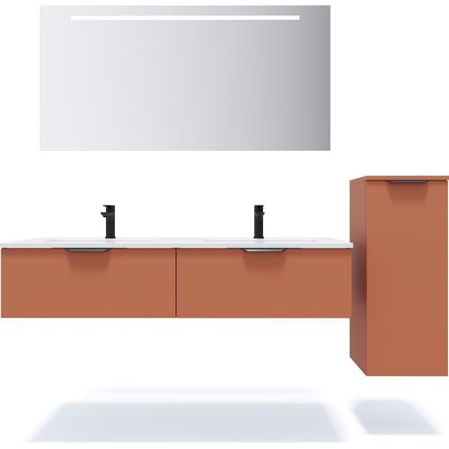 Ensemble Salle De Bain Double Vasque 140cm 2 Tiroirs Terracotta + Miroir + Colonne Droite - Soho