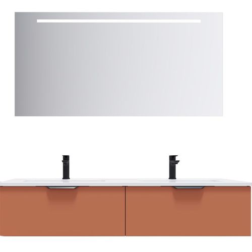 Meuble De Salle De Bain Double Vasque 140cm 2 Tiroirs Terracotta + Miroir - Soho