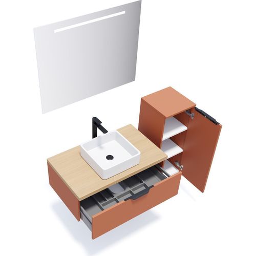 Ensemble Salle De Bain Vasque Posée 90cm 1 Tiroir Terracotta + Miroir + Colonne Droite - Soho