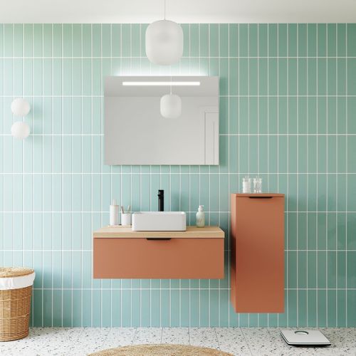 Ensemble Salle De Bain Vasque Posée 90cm 1 Tiroir Terracotta + Miroir + Colonne Droite - Soho