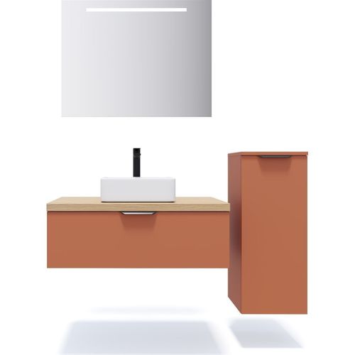 Ensemble Salle De Bain Vasque Posée 90cm 1 Tiroir Terracotta + Miroir + Colonne Droite - Soho