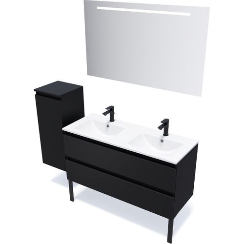 Ensemble Salle De Bain Double Vasque 120cm 2 Tiroirs Noir + Miroir + Colonne Gauche - Hudson