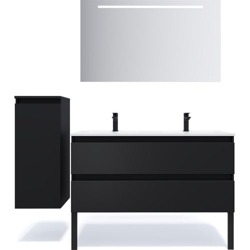 Ensemble Salle De Bain Double Vasque 120cm 2 Tiroirs Noir + Miroir + Colonne Gauche - Hudson
