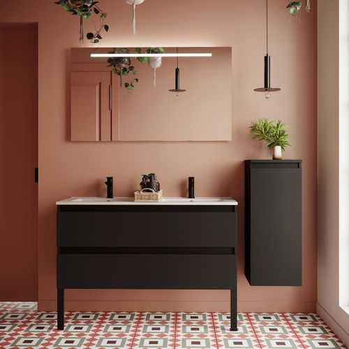 Ensemble Salle De Bain Double Vasque 120cm 2 Tiroirs Noir + Miroir + Colonne Droite - Hudson