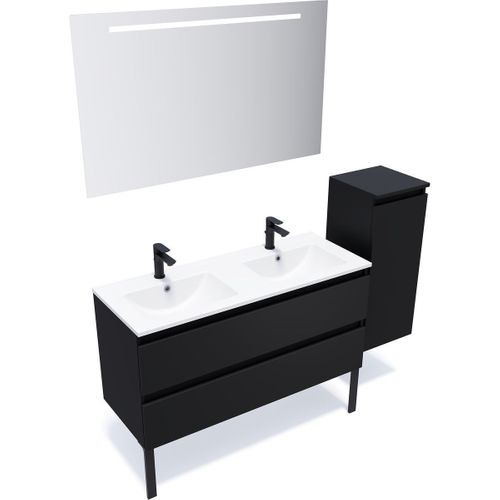 Ensemble Salle De Bain Double Vasque 120cm 2 Tiroirs Noir + Miroir + Colonne Droite - Hudson
