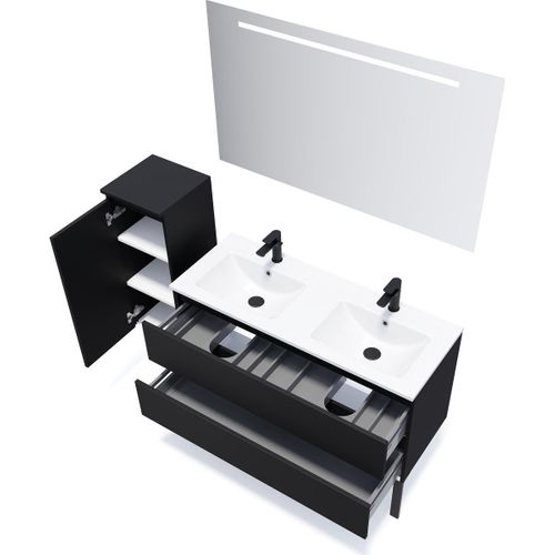 Ensemble Salle De Bain 2 Vasques Posées 120cm 2 Tiroirs Noir + Miroir + Colonne Gauche - Hudson