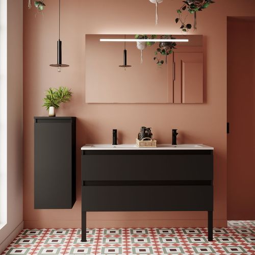 Ensemble Salle De Bain 2 Vasques Posées 120cm 2 Tiroirs Noir + Miroir + Colonne Gauche - Hudson