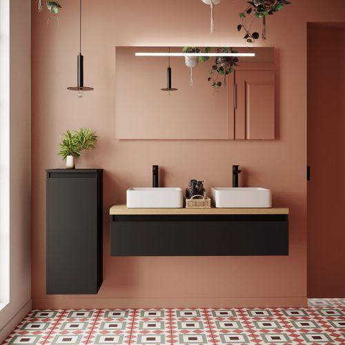 Meuble De Salle De Bain 2 Vasques Posées 120cm 1 Tiroir Noir - Hudson