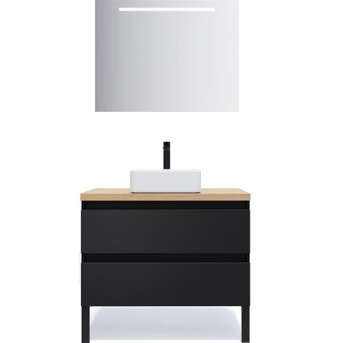 Meuble De Salle De Bain Vasque Posée 90cm 2 Tiroirs Noir + Miroir - Hudson