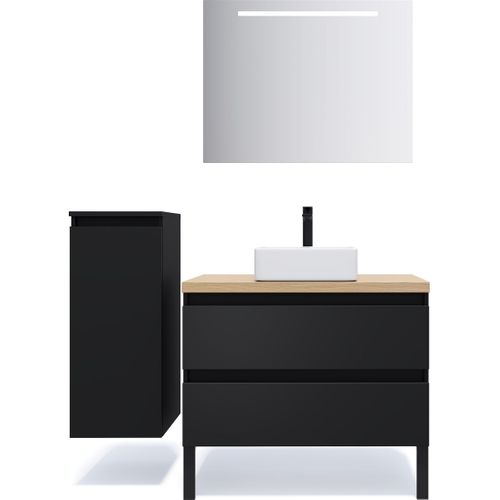 Meuble De Salle De Bain Vasque Posée 90cm 2 Tiroirs Noir + Miroir - Hudson