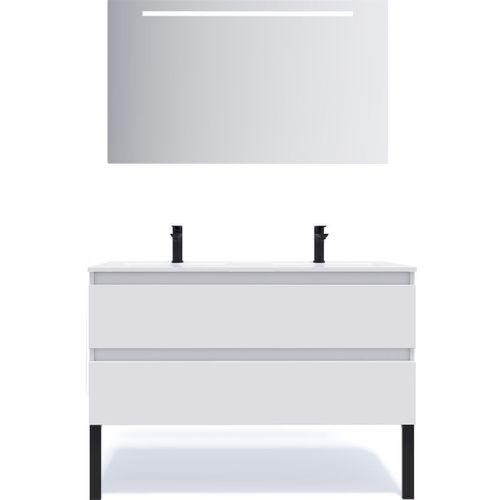 Meuble De Salle De Bain Double Vasque 120cm 2 Tiroirs Blanc + Miroir - Hudson