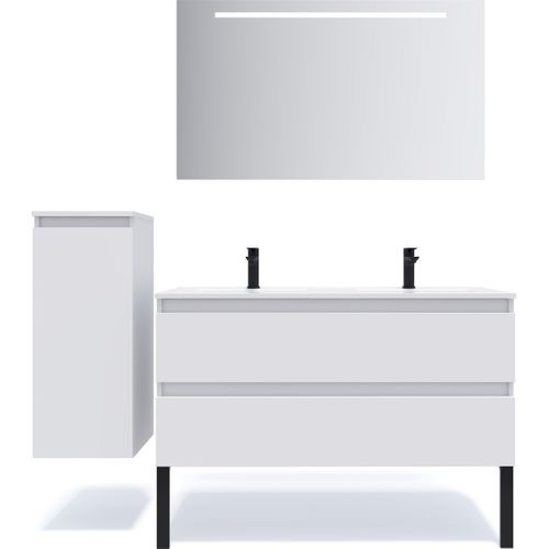 Meuble De Salle De Bain Double Vasque 120cm 2 Tiroirs Blanc + Miroir - Hudson