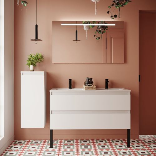 Meuble De Salle De Bain Double Vasque 120cm 2 Tiroirs Blanc - Hudson