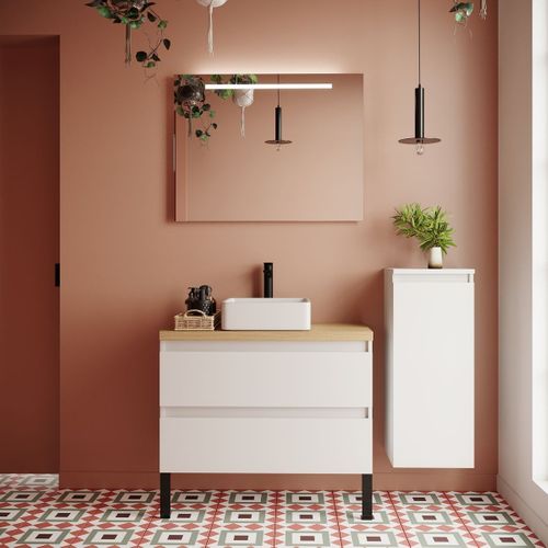 Ensemble Salle De Bain Vasque Posée 90cm 2 Tiroirs Blanc + Miroir + Colonne Droite - Hudson