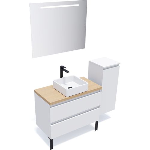 Ensemble Salle De Bain Vasque Posée 90cm 2 Tiroirs Blanc + Miroir + Colonne Droite - Hudson