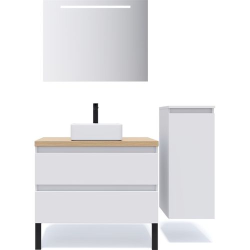 Ensemble Salle De Bain Vasque Posée 90cm 2 Tiroirs Blanc + Miroir + Colonne Droite - Hudson