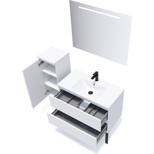 Meuble De Salle De Bain Vasque Intégrée 90cm 2 Tiroirs Blanc + Miroir - Hudson