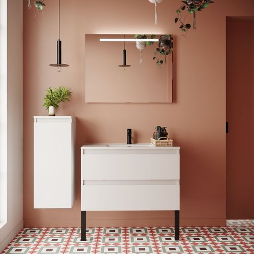 Meuble De Salle De Bain Vasque Intégrée 90cm 2 Tiroirs Blanc + Miroir - Hudson