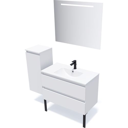 Meuble De Salle De Bain Vasque Intégrée 90cm 2 Tiroirs Blanc + Miroir - Hudson