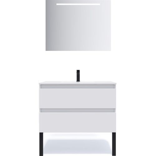 Meuble De Salle De Bain Vasque Intégrée 90cm 2 Tiroirs Blanc + Miroir - Hudson