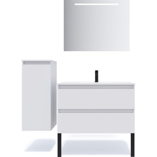 Meuble De Salle De Bain Vasque Intégrée 90cm 2 Tiroirs Blanc + Miroir - Hudson