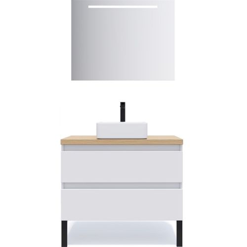 Meuble De Salle De Bain Vasque Posée 90cm 2 Tiroirs Blanc + Miroir - Hudson