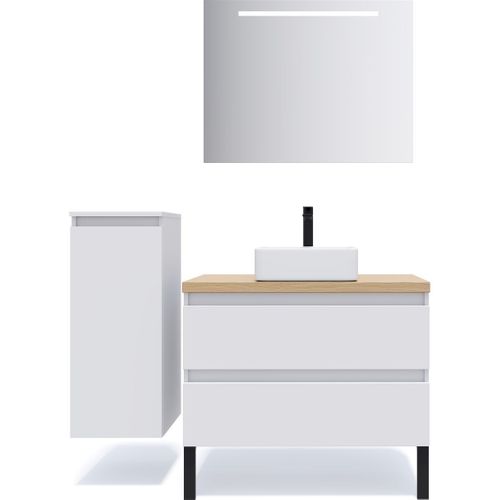 Meuble De Salle De Bain Vasque Posée 90cm 2 Tiroirs Blanc + Miroir - Hudson