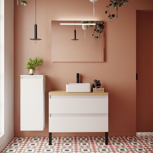 Meuble De Salle De Bain Vasque Posée 90cm 2 Tiroirs Blanc - Hudson