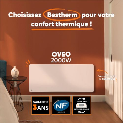Radiateur Électrique Fixe à Inertie Sèche Céramique 2000w Oveo Horizontal Blanc