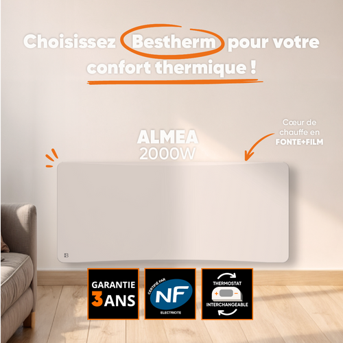 Radiateur Électrique Fixe à Inertie Sèche Fonte + Film 2000w Almea Horizontal Blanc