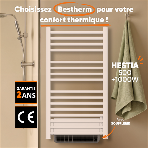 Sèche-serviette Électrique Sans Fluide - Soufflerie 500w+1000w H.100,5xl54cm  Hestia Blanc