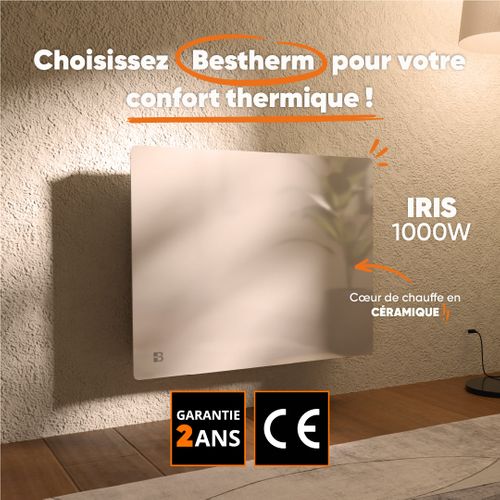 Radiateur Électrique Fixe à Inertie Sèche Céramique Façade En Verre 1000w Iris Horizontal Blanc