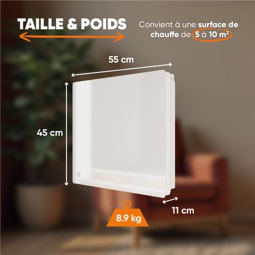 Radiateur Électrique Fixe à Inertie Sèche Céramique Façade En Verre 1000w Iris Horizontal Blanc