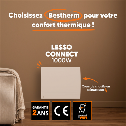 Radiateur Électrique Fixe Connecté Wifi Inertie Sèche Céramique 1000w Lesso Connect Horizontal Blanc