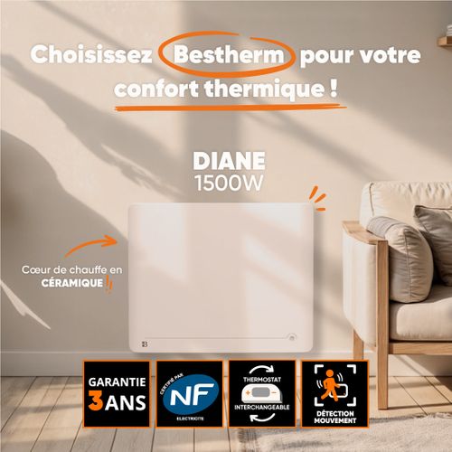 Radiateur Électrique Fixe à Inertie Sèche Céramique 1500w, Détecteur Présence Diane Horizontal Blanc