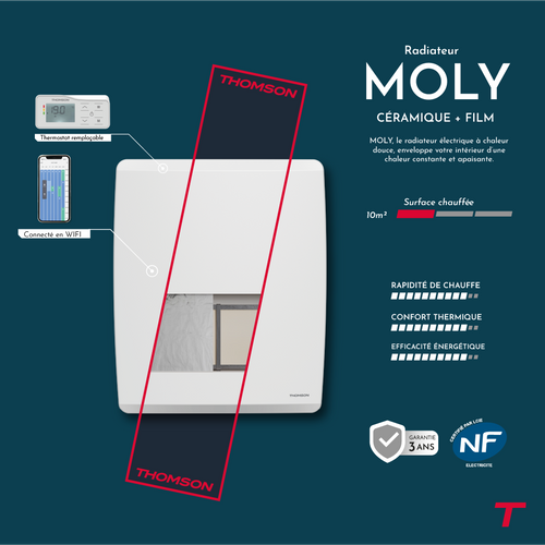 Radiateur Électrique Connecté à Inertie Sèche Céramique + Film - 1000w Moly Horizontal Blanc