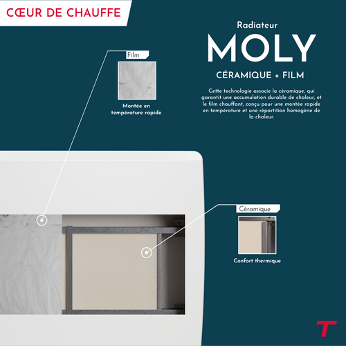 Radiateur Électrique Connecté à Inertie Sèche Céramique + Film - 1000w Moly Horizontal Blanc