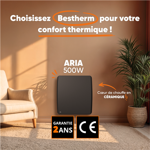 Radiateur Électrique Fixe à Inertie Sèche Céramique 500w  Aria Horizontal Noir