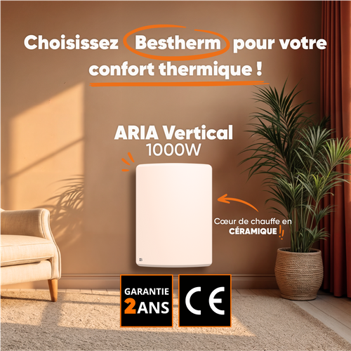 Radiateur Électrique Fixe à Inertie Sèche Céramique 1000w Aria Vertical Blanc