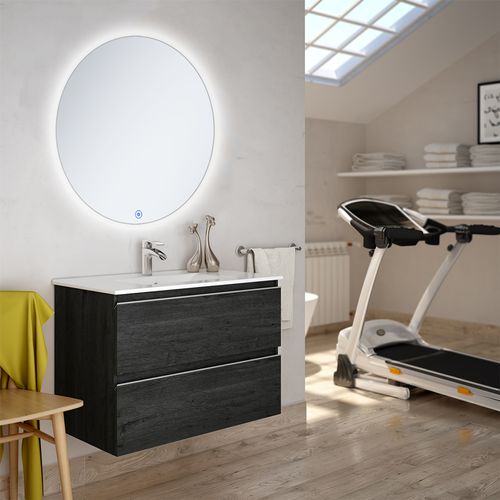 Meuble De Salle De Bain Simple Vasque - Balea Et Miroir Rond LED Solen - Ebony (bois Noir) - 60cm