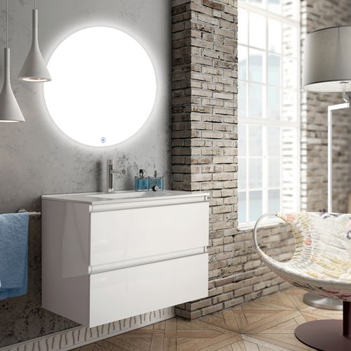 Meuble De Salle De Bain Simple Vasque - Balea Et Miroir Rond LED Solen - Blanc - 60cm